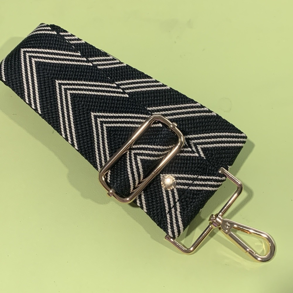 Pom Pom London Bag Strap Black and Stone Zig Zag Woven Gold Hardware